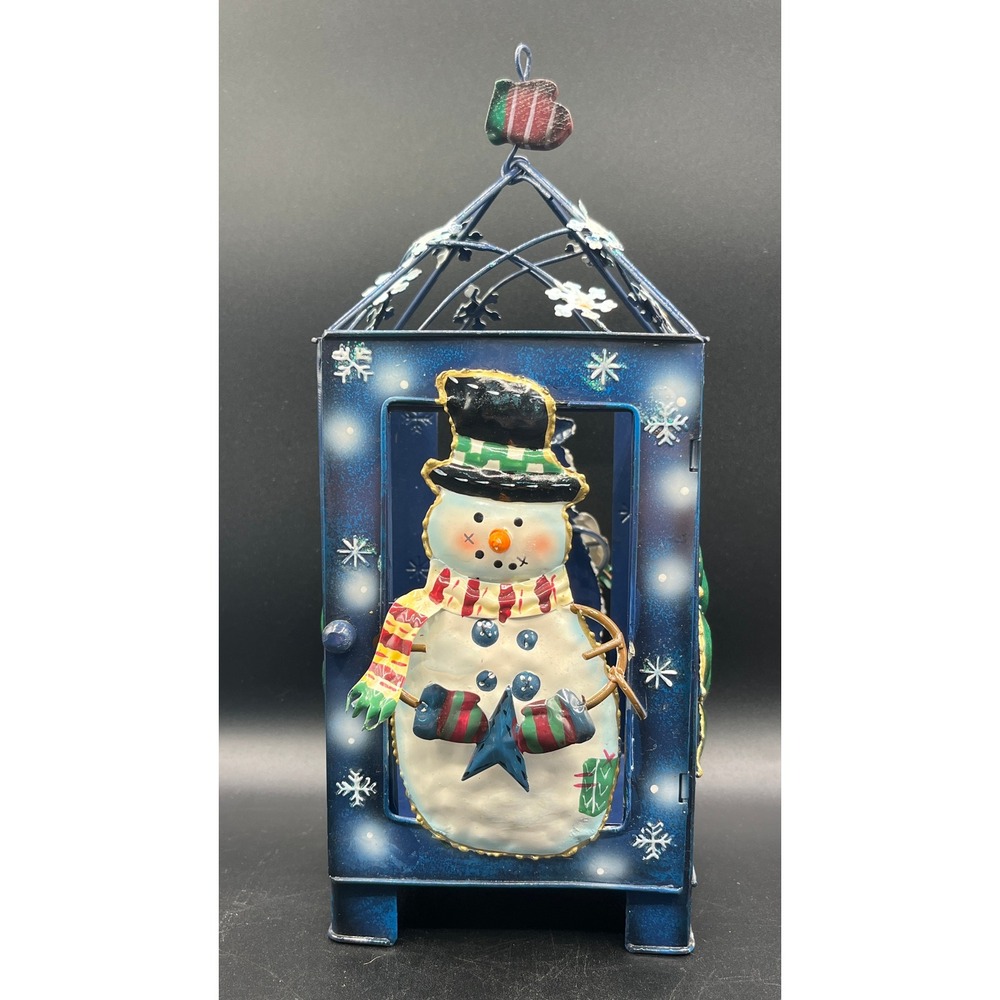Blue Metal Christmas Lantern‎ Snowman and Tree Holiday Tea Light Holder 11x4.5"